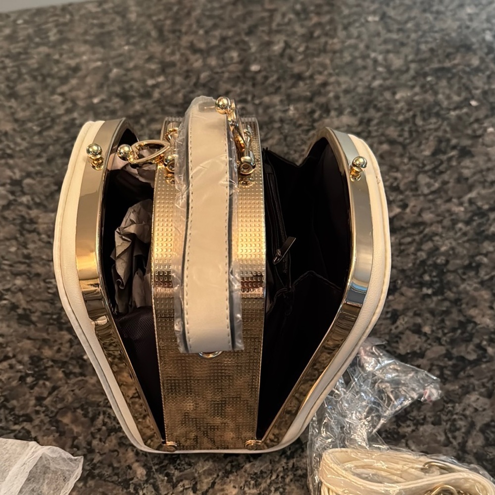 Square hard case Cream Handbag with Gold Accents NWOT - Picture 8 of 14